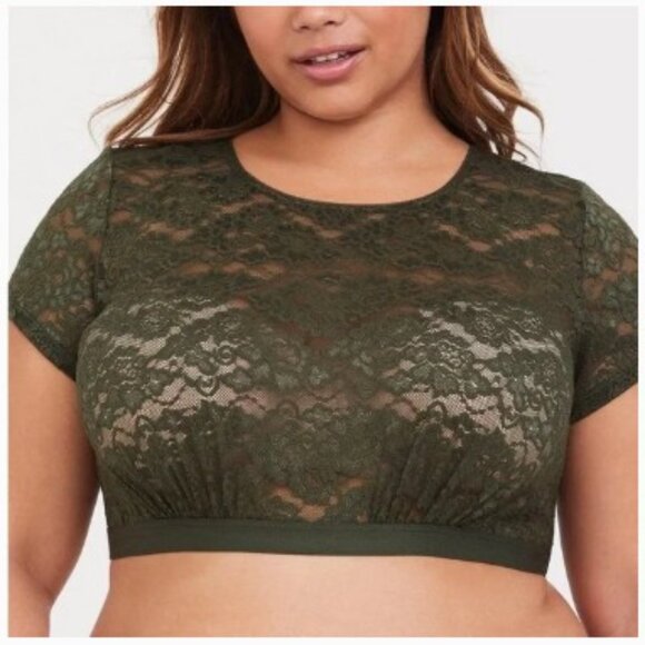 torrid Tops - TORRID Curves Olive Green Floral Stretchy Lace Short Sleeve Crop Top Size 1